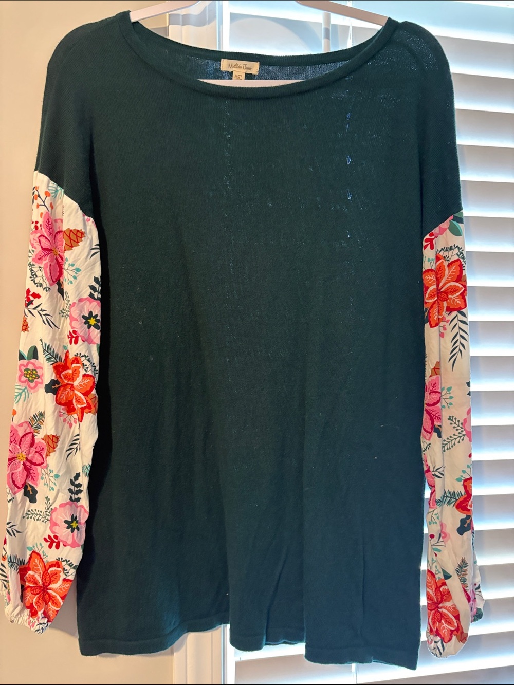 Matilda Jane Dark Green Top with Floral Long Sleeves